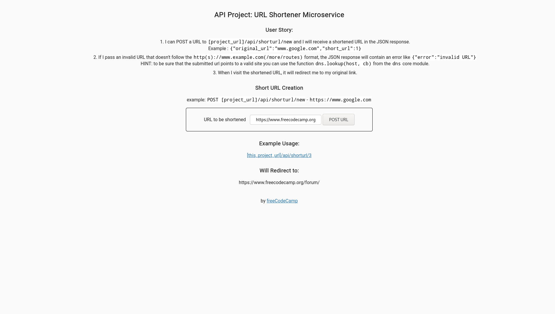 url shortener microservice project screenshot
